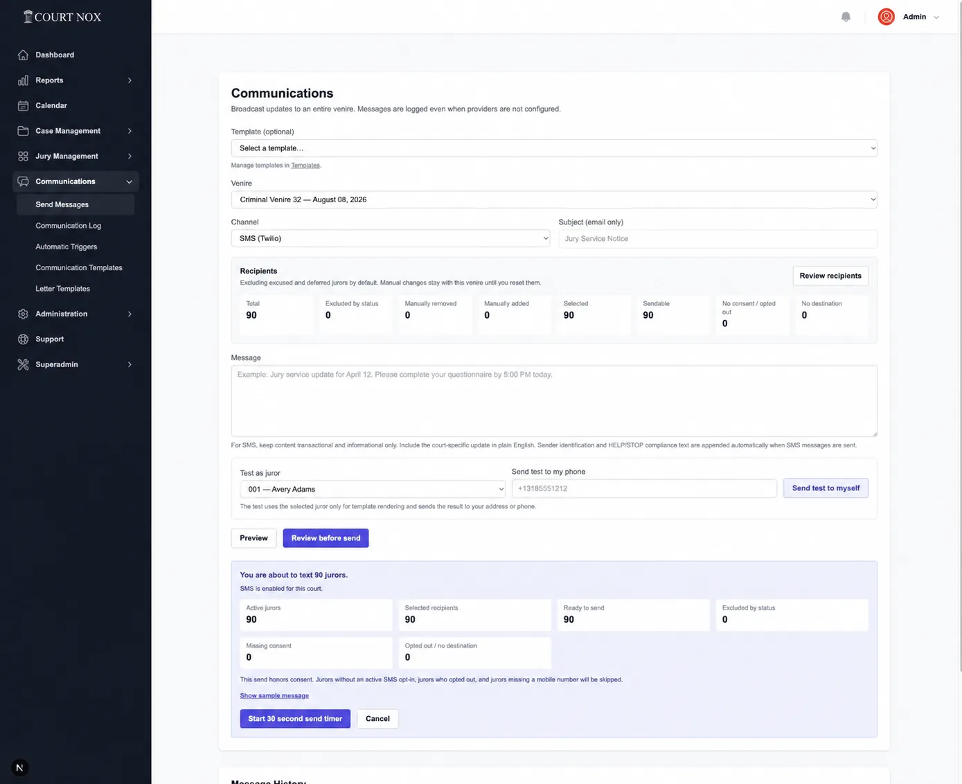 Court Nox SMS and email communication controls