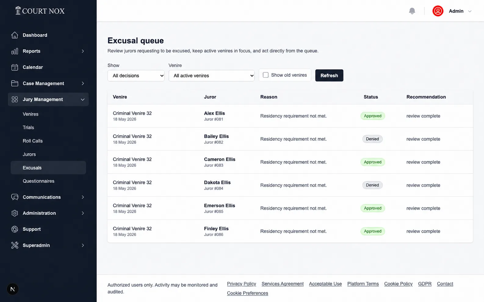 Court Nox excusal request review queue