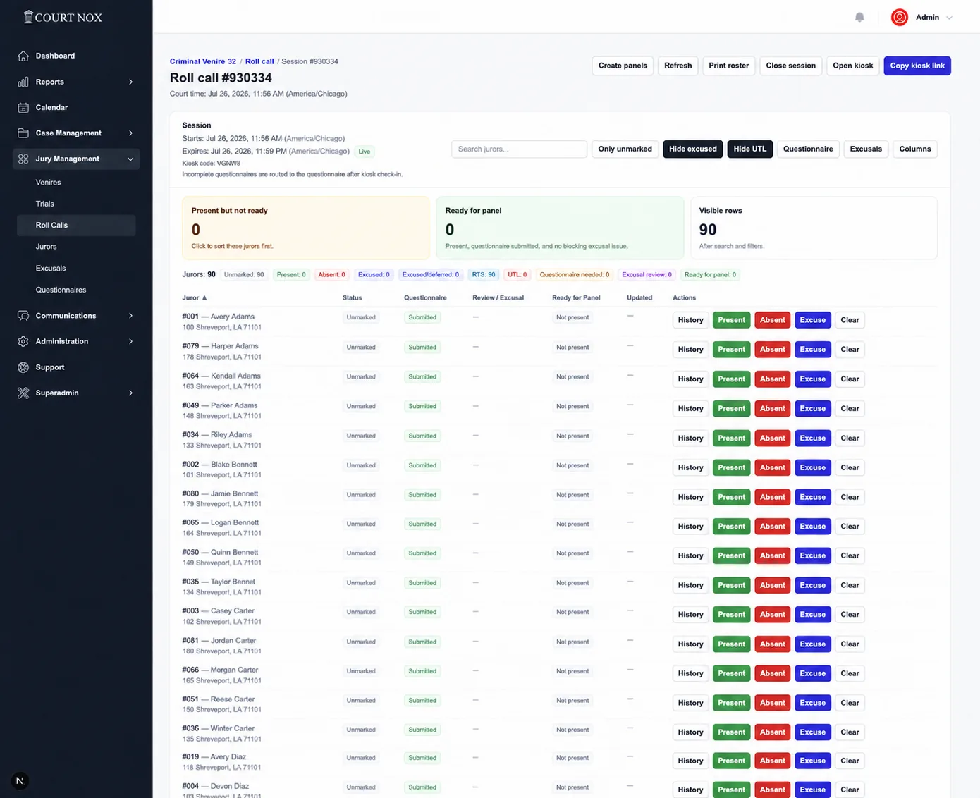 Court Nox live roll call dashboard with kiosk check-in and readiness controls
