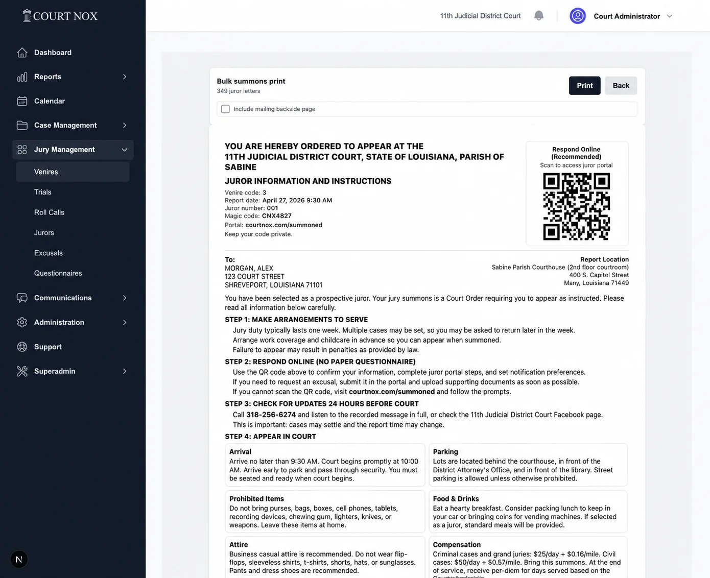 Court Nox summons generation and bulk printing view
